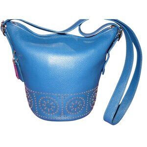 Coach Bleeker Cobalt Blue Pebbled Leather Studded Duffle Crossbody Bucket Bag
